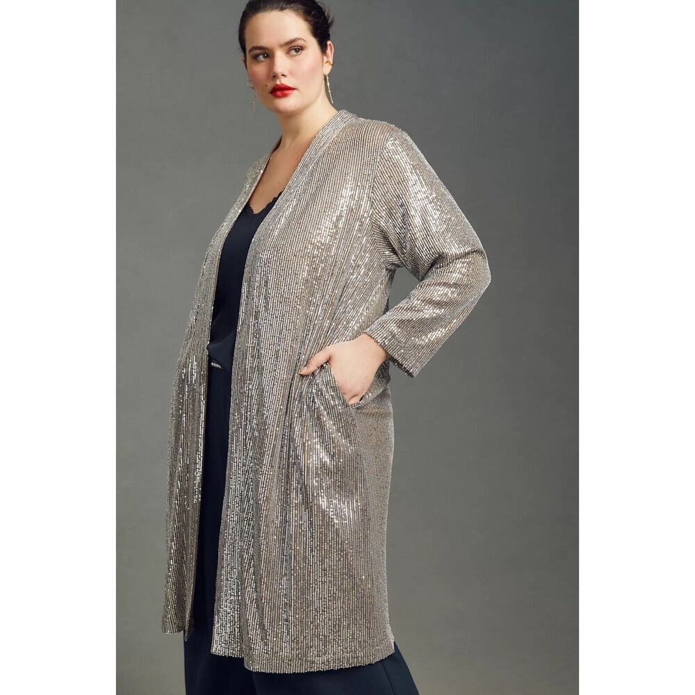 Anthropologie x Mare Mare Sequin Silver Jacket Longline Open Front Cardigan 1X